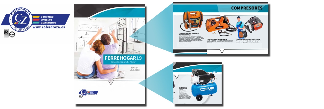 Nuevo folleto cooperativa Coferdroza ferrehogar 19 con compresores Airum y revolutionair 162