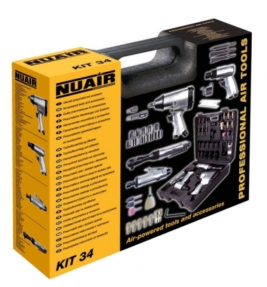 
	Kit Pneumatico 34 pcs NUAIR: Con maletin que contiene el siguiente material: Pistola impacto 1/2, carraca neumatica 1/2, martillo cincelador, esmelladora recta y accesorios.
