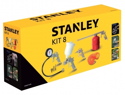 
	Kit pistolas Stanley de 8 piezas:&nbsp;

	-Pistola inflado con manometro + 3 boquillas

	-Pistolas sopladora

	-Pistola de gravedad para pintar con paso de boquilla de 1.5mm. Deposito de 500c.c.

	-Pistola petraolear con deposito de 1 Lt.

	-Manguera espiral de 5mts D. 6x8 presion max. 10 bar.

	Todo el material de suministra con enchufes rapidos.
