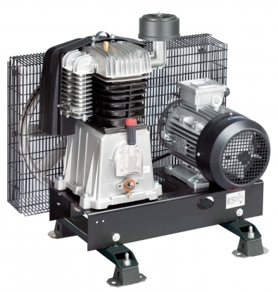 Compressor de pistão com bases pré-montadas, adequado para aplicações especiais. Inclui a cabeça do compressor, motor elétrico, transmissão por correia com uma robusta grelha de proteção metálica e base metálica.